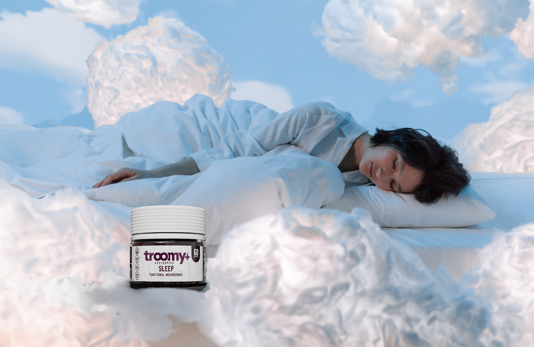 Sleep - Reishi and Melatonin - Black Raspberry - Sleep Support - Woman Sleeping on. Cloud Next to Gummies - Troomy Nootropics in Whittier, CA