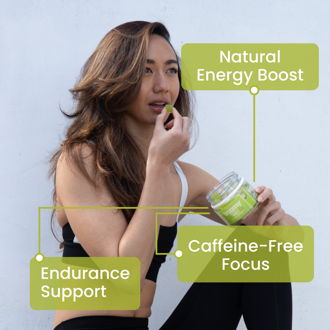 Boost - Cordyceps - Lemon Lime - Energy Support - Woman Eating Gummy - Troomy Nootropics in Whittier, CA