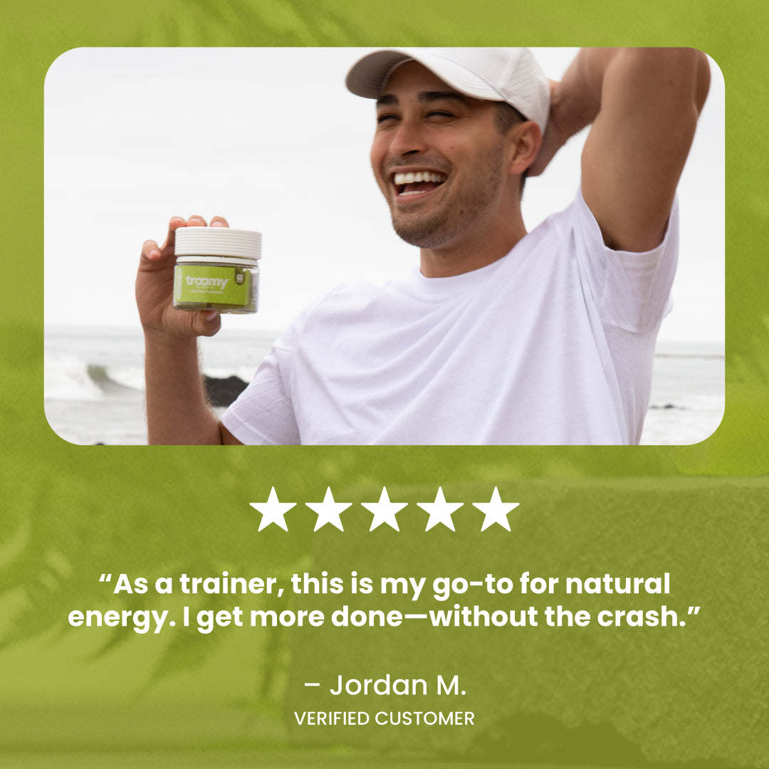Boost - Cordyceps - Lemon Lime - Energy Gummies Review - Smiling Energetic Man Holding Jar - Troomy Nootropics in Whittier, CA