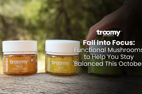 functional mushroom jars on a log in the wilderness