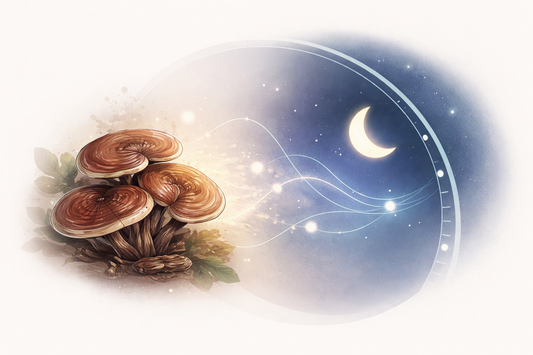 Illustration showing reishi mushroom and circadian rhythm signaling associated with sleep regulation