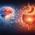 Illustration showing communication between the brain and digestive system through neural pathways, representing the gut–brain connection.