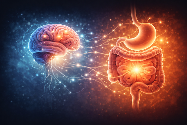 Illustration showing communication between the brain and digestive system through neural pathways, representing the gut–brain connection.
