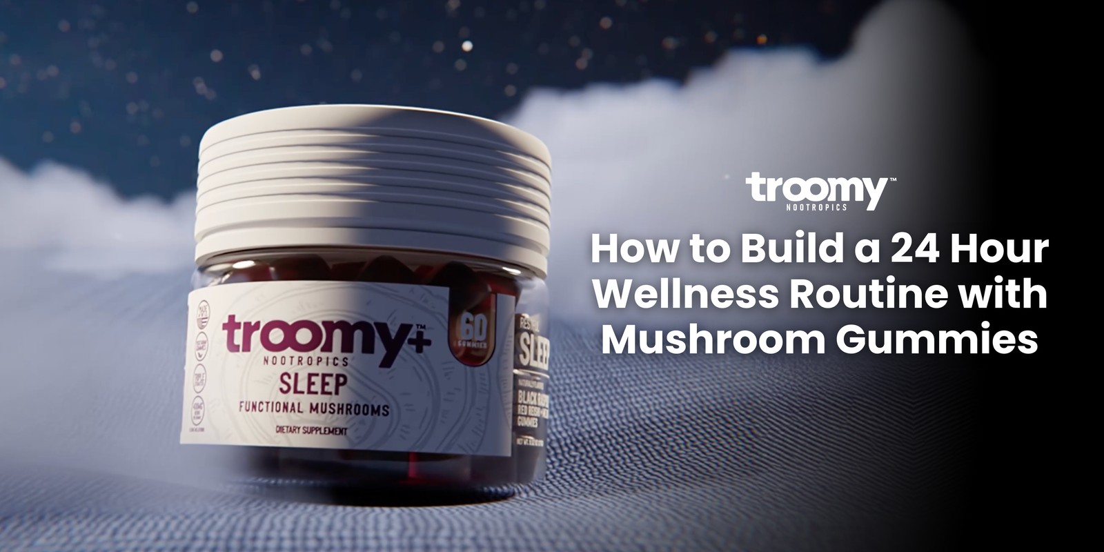 sleep gummies floating on bed made with reishi mushrooms from Troomy Nootropics in Whittier, CA