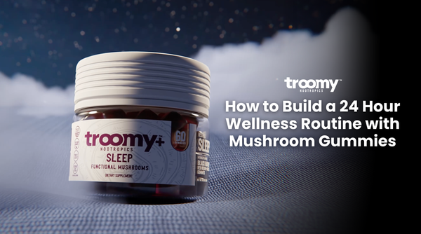 sleep gummies floating on bed made with reishi mushrooms from Troomy Nootropics in Whittier, CA