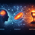 Illustration showing the relationship between focus, energy, and motivation, with brain activity, cellular energy, and goal signaling represented visually.