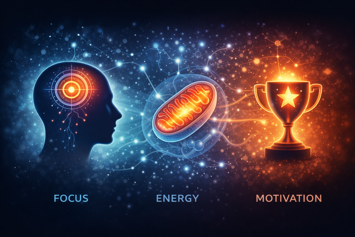 Illustration showing the relationship between focus, energy, and motivation, with brain activity, cellular energy, and goal signaling represented visually.