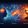 Illustration showing the relationship between focus, energy, and motivation, with brain activity, cellular energy, and goal signaling represented visually.