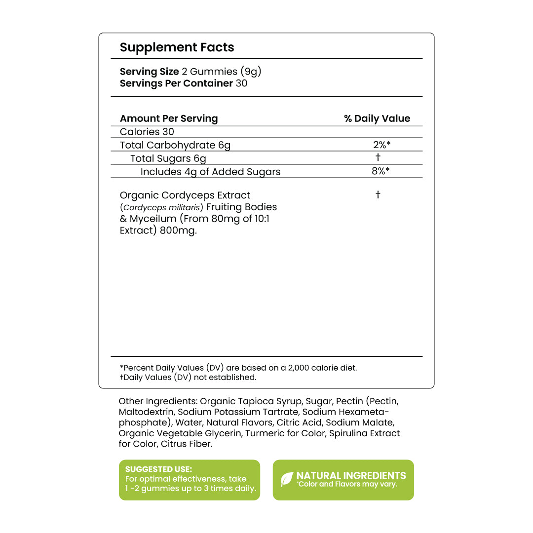 Boost - Cordyceps Mushroom - Gummy - Natural Energy Support - Supplement Facts Panel - Troomy Nootropics in Whittier, CA