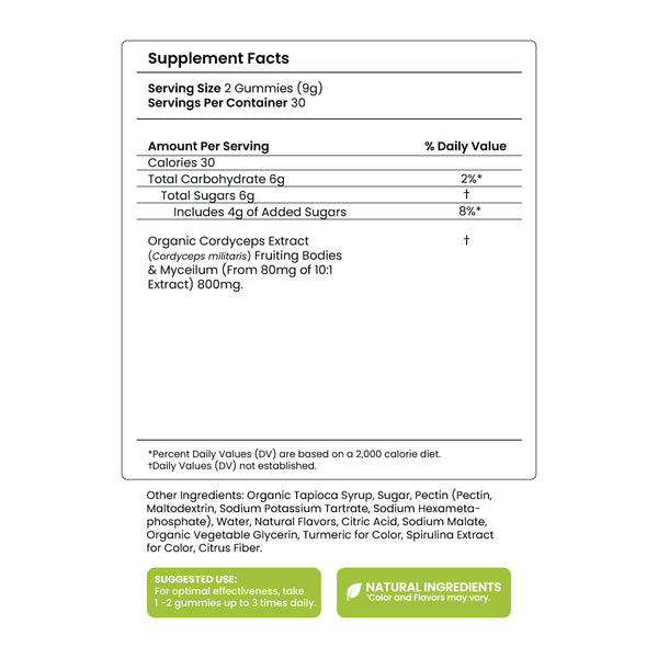 Boost - Cordyceps Mushroom - Gummy - Natural Energy Support - Supplement Facts Panel - Troomy Nootropics in Whittier, CA