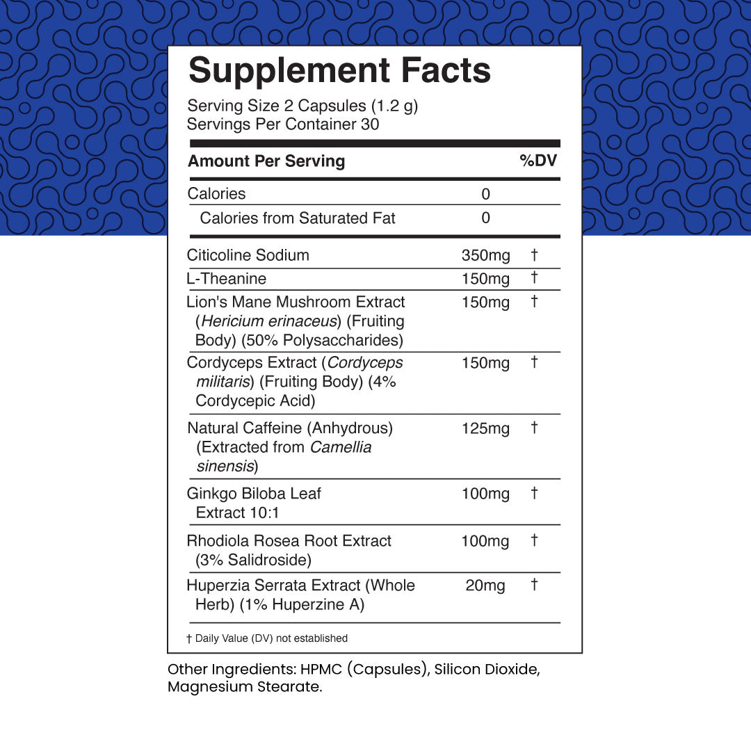 Brain Power - Lion's Mane, Cordyceps, Caffeine - Capsule - Cognition Support - Supplement Facts Panel - Troomy Nootropics in Whittier, CA
