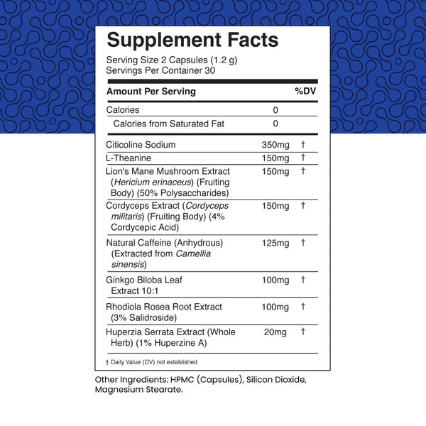 Brain Power - Lion's Mane, Cordyceps, Caffeine - Capsule - Cognition Support - Supplement Facts Panel - Troomy Nootropics in Whittier, CA