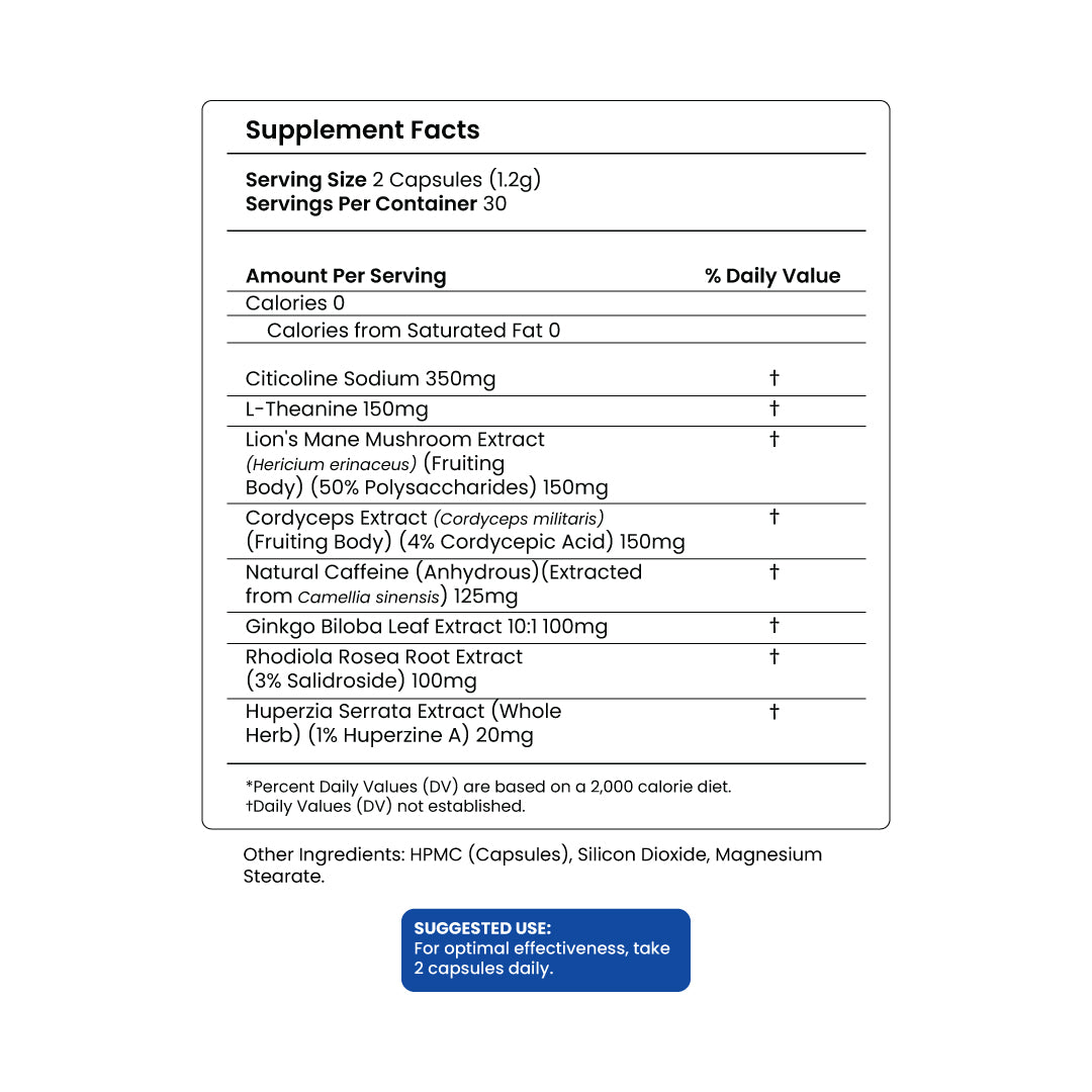Brain Power - Lion's Mane, Cordyceps, Caffeine - Capsule - Cognition Support - Supplement Facts Panel - Troomy Nootropics in Whittier, CA
