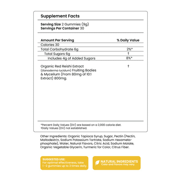 Calm - Red Reishi Mushroom - Gummy - Natural Stress Relief Support - Supplement Facts Panel - Troomy Nootropics in Whittier, CA