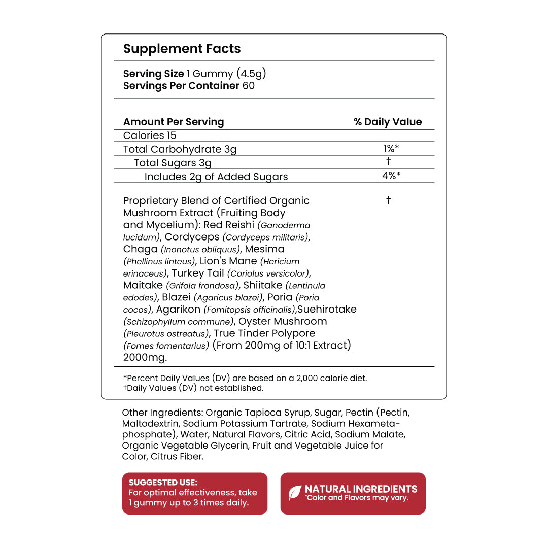 Daily - 14 Mushroom Blend - Gummy - Wellness Support - Supplement Facts Panel - Troomy Nootropics in Whittier, CA