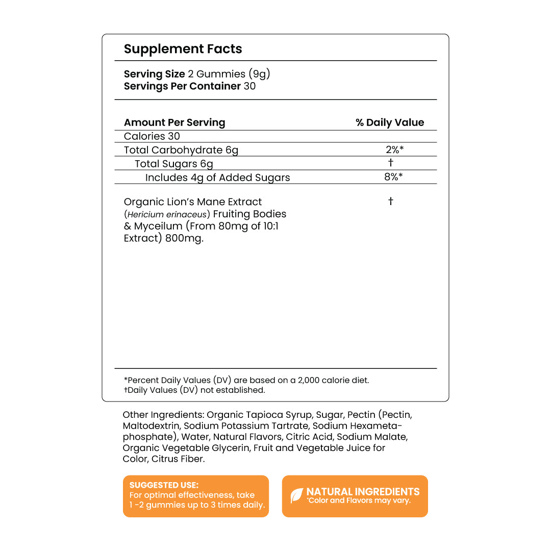 Focus - Lion's Mane - Gummy - Brain Health Support - Supplement Facts Panel - Troomy Nootropics in Whittier, CA