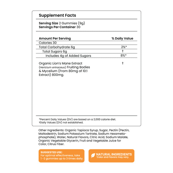 Focus - Lion's Mane - Gummy - Brain Health Support - Supplement Facts Panel - Troomy Nootropics in Whittier, CA