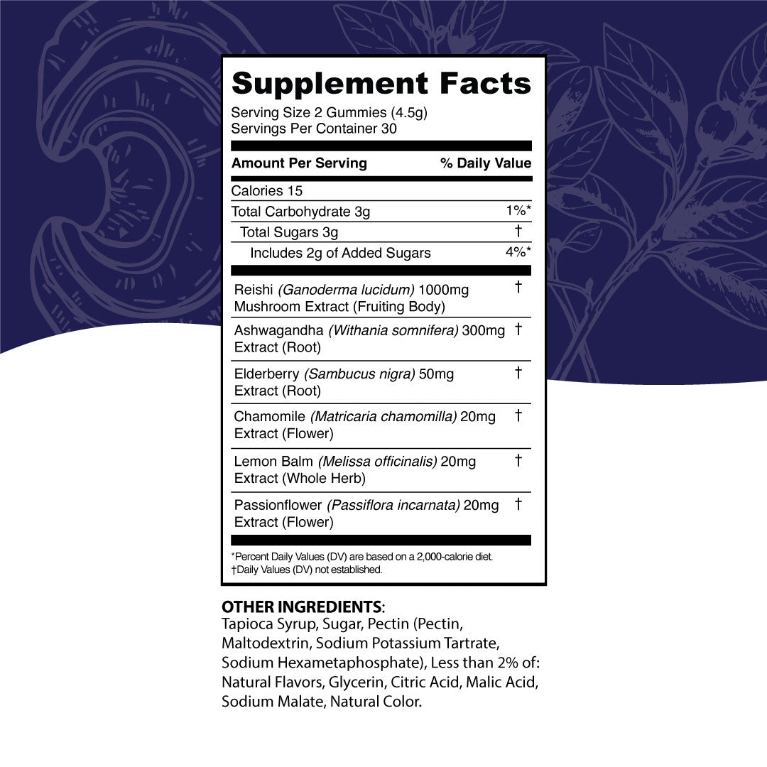 Recovery - Reishi and Ashwagandha - Berry Acai - Muscle Recovery - Supplement Facts Panel - Troomy Nootropics in Whittier, CA