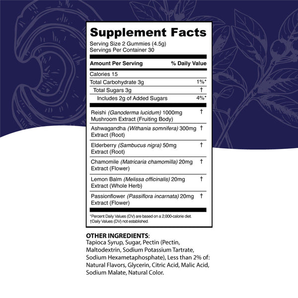 Recovery - Reishi and Ashwagandha - Berry Acai - Muscle Recovery - Supplement Facts Panel - Troomy Nootropics in Whittier, CA