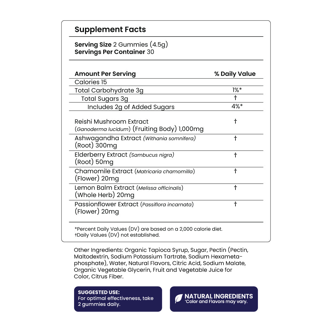 Recovery - Reishi and Ashwagandha - Berry Acai - Muscle Recovery - Supplement Facts Panel - Troomy Nootropics in Whittier, CA