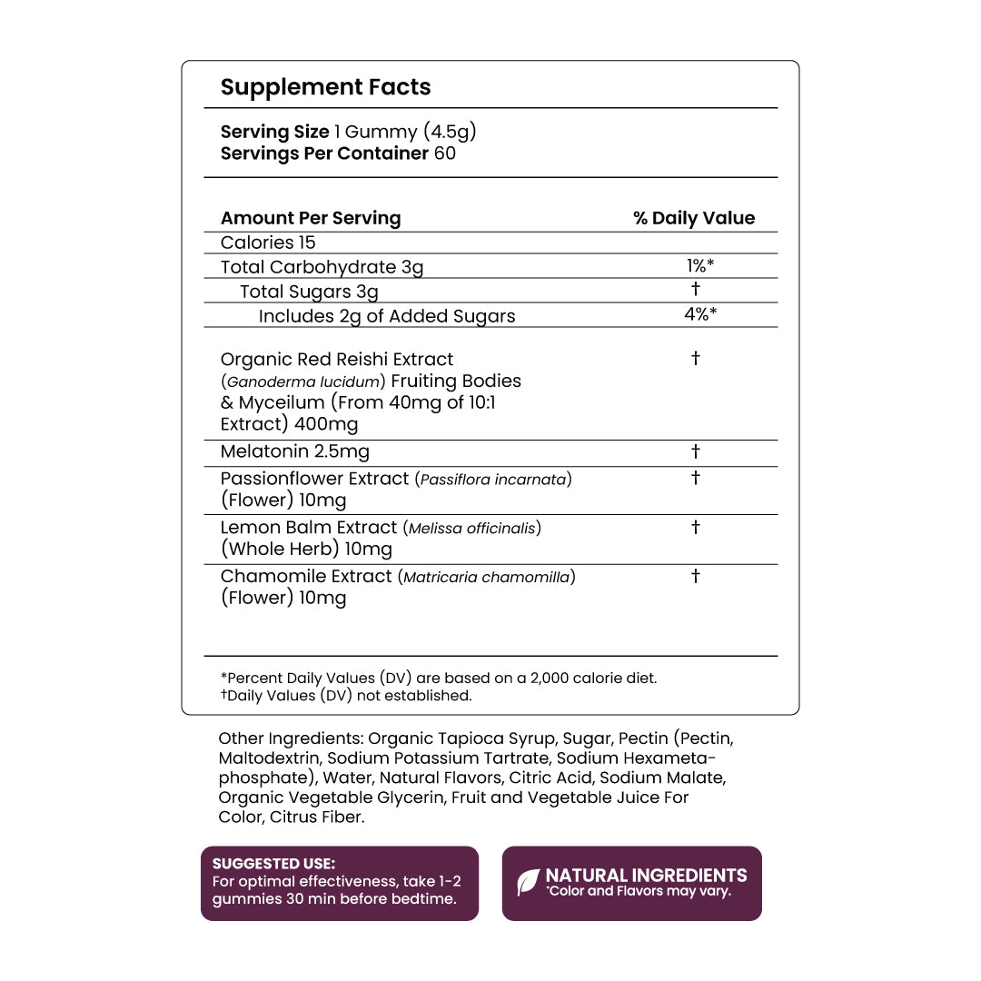Sleep - Red Reishi Mushroom and Melatonin - Gummy - Natural Sleep Support - Supplement Facts Panel - Troomy Nootropics in Whittier, CA