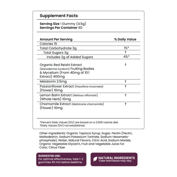 Sleep - Red Reishi Mushroom and Melatonin - Gummy - Natural Sleep Support - Supplement Facts Panel - Troomy Nootropics in Whittier, CA