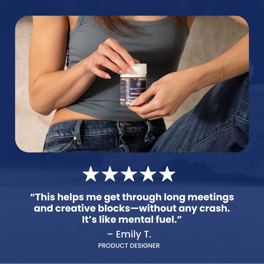 Brain Power - Lion's Mane, Cordyceps, Caffeine - Capsule - Cognition Support - Cognition Capsules Review - Troomy Nootropics in Whittier, CA