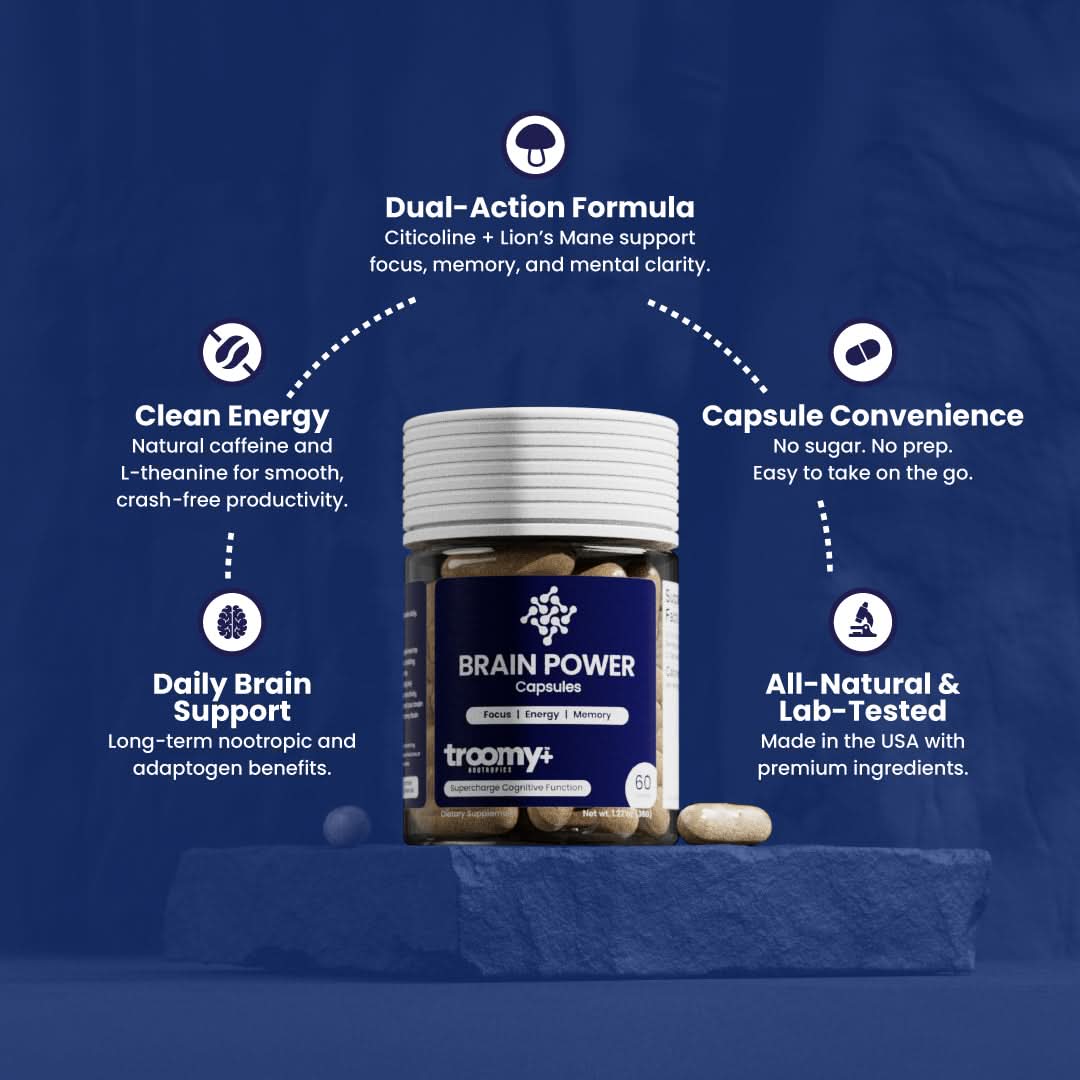 Brain Power - Lion's Mane, Cordyceps, Caffeine - Capsule - Cognition Support - Top Selling Points - Troomy Nootropics in Whittier, CA