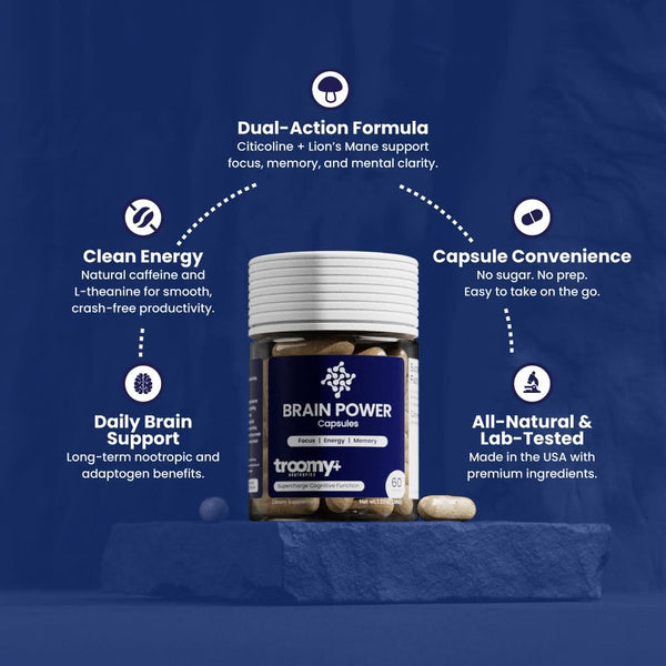 Brain Power - Lion's Mane, Cordyceps, Caffeine - Capsule - Cognition Support - Top Selling Points - Troomy Nootropics in Whittier, CA