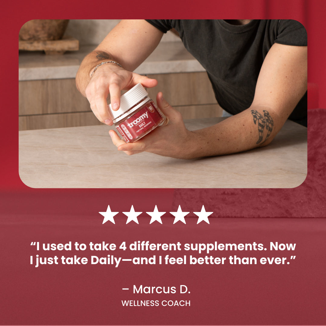 Daily - 14 Mushroom Blend - Strawberry Mango - Daily Gummies Review - Lifestyle Image in Kitchen - Troomy Nootropics in Whittier, CA