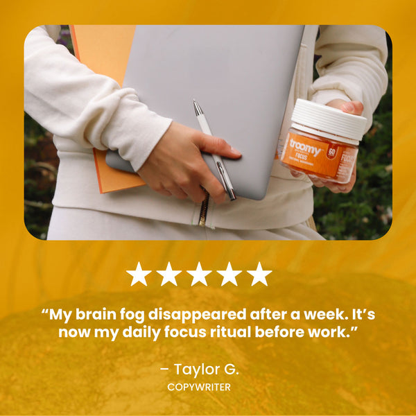 Focus - Lion’s Mane - Tangerine Passionfruit - Focus Support - Studious Woman Holding Jar - Troomy Nootropics in Whittier, CA