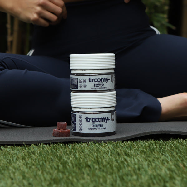 Recovery - Reishi and Ashwagandha - Berry Acai - Post Workout Blend - Gummy Jar on Yoga Mat - Troomy Nootropics in Whittier, CA