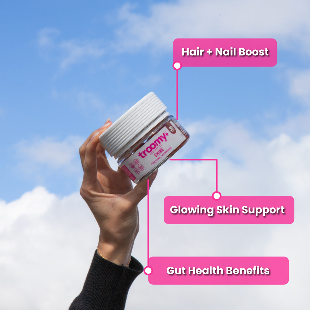 Shine - Tremella and Biotin - White Peach Pomegranate - Skin Hair Nail Support - Arm Holding Jar in the Sky - Troomy Nootropics in Whittier, CA