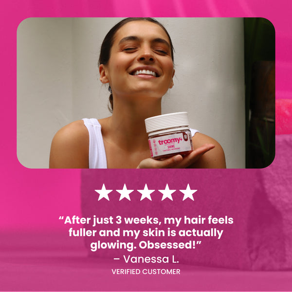 Shine - Tremella and Biotin - White Peach Pomegranate - Product Review - Woman Holding Jar - Troomy Nootropics in Whittier, CA