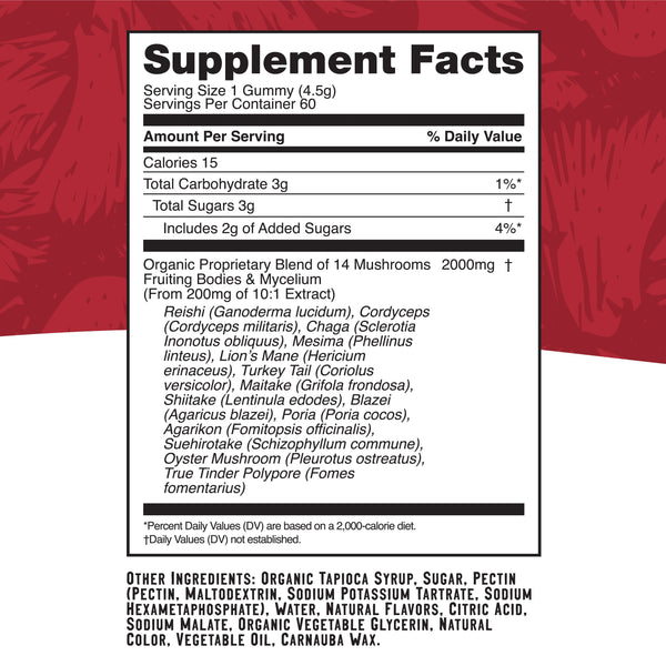 Daily - 14 Mushroom Blend - Strawberry Mango - Health Support Supplement - Supplement Facts Panel - Troomy Nootropics in Whittier, CA