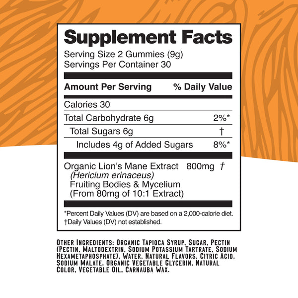 Focus - Lion’s Mane - Tangerine Passionfruit - Brain Boost - Supplement Facts Panel - Troomy Nootropics in Whittier, CA