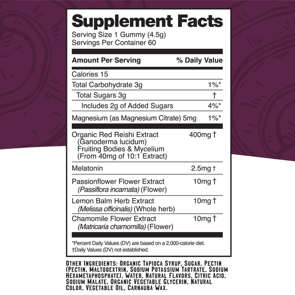 Sleep - Reishi and Melatonin - Black Raspberry - Sleep Support - Supplement Facts Panel - Troomy Nootropics in Whittier, CA